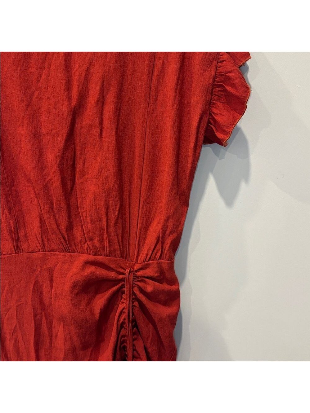 *Windsor Red Ruffle Sleeve Ruched Drawstring Mini Dress S - Picture 4 of 10